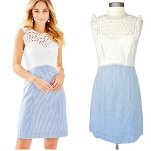 LILLY PULITZER Maya Shift Dress Coastal Blue Seersucker White Eyelet Size 6